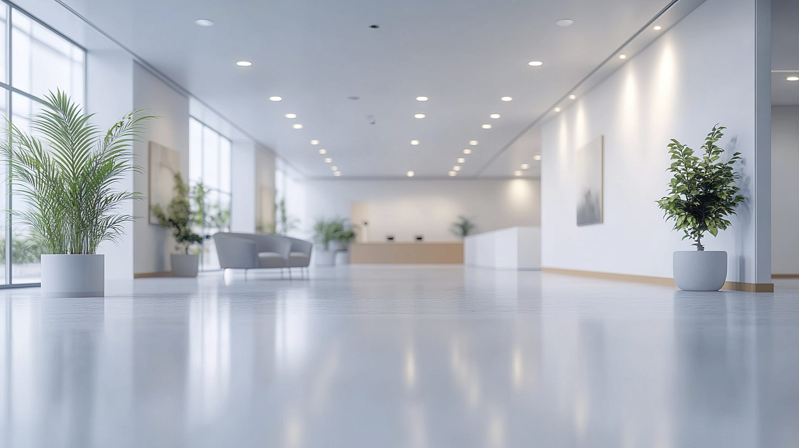 Heller Empfangsbereich eines Gebäudes mit Pflanzen, Sitzmöbeln, glattem Boden und moderner Beleuchtung