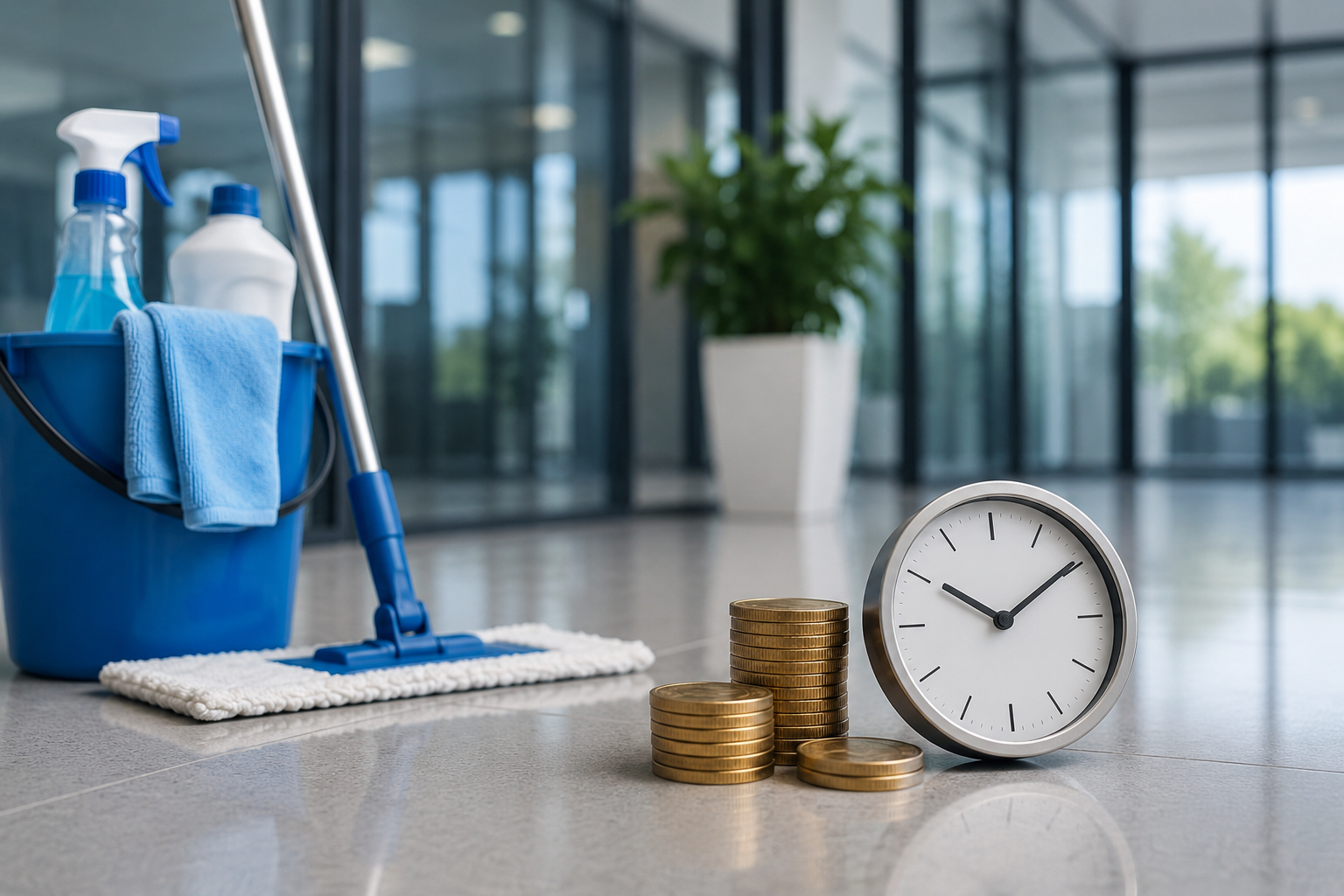 Putzeimer und Zeitmanagement im Büro als Gebäudereinigung Reinigungswagen in einem modernen Treppenhaus mit Glasgeländern, Natursteinstufen und großen Fensterflächen