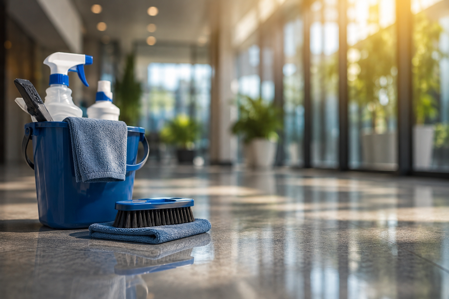 Reinigungsutensilien im modernen Gebäude Hände mit blauen Handschuhen reinigen einen Büroschreibtisch mit Reinigungsspray und Mikrofasertuch